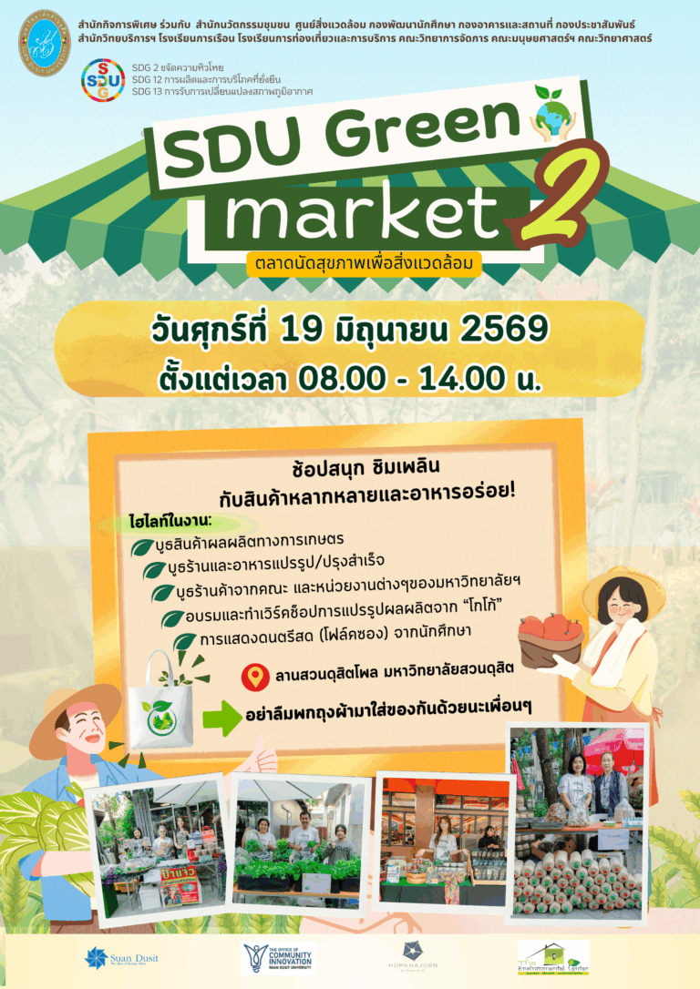 สำนักกิจการพิเศษ ร่วมกับ สำนักนวัตกรรมชุมชน ขอเชิญร่วมงาน SDU Green Market 2 ตลาดนัดสุขภาพเพื่อสิ่งแวดล้อม